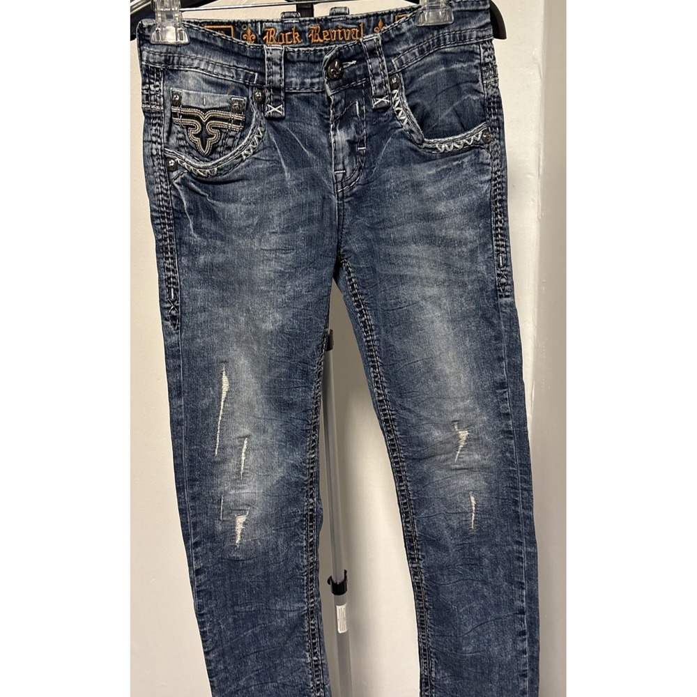 Rock Revival Eben Straight Leg Jeans Mens Size 30 Distressed Blue Acid Wash - Picture 11 of 14